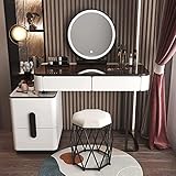 BUJOG Schminktisch mit LED-beleuchtetem Spiegel, moderner Schminktisch mit Hocker, Schlafzimmer-Schminktisch mit Schubladen und Aufbewahrungsschrank, 3 Farbbeleuchtungsmodi, für Mädchen und Frauen