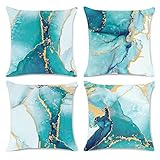 Bonhause 4er Set Kissenbezüge Türkis Marmor 50 x 50 cm Doppelseitig Blaugrüne Gold Abstrakt Kunst Moderne Samt Soft Dekorative Kissenhülle Zierkissenbezüge für Sofa Wohnzimmer Zuhause Dekoration