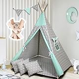 PaLulli Tipi Spielzelt für Kinder mit Matte & Anti-Kollaps-System & 4 Dekokissen Baumwolle- Segeltuch Kinderzelt (STARS MINT)