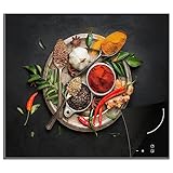 KitchenYeah© Herdabdeckplatte Einteilig Küche Abdeckplatten für Ceranfeld Abdeckung - Gewürze - Paprika - Löffel - Kräuter - Gemüse - 60x52 cm