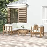 Homgoday Gartenlounge Set 7-TLG. Loungemöbel Gartenlounge Set Garnitur Sitzgruppe Lounge-Set Loungegruppe Gartensofa für Garten Terrasse und Balkon Bambus mit Cremeweißen Kissen