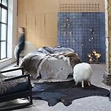JUNZAI Teppich, Carpet, Area Rug, Teppiche Wohnzimmer, Teppischwhonzimmer, Büroteppich, Schlafzimmer, Echtes Kuhfell Schwarz 150×170 cm