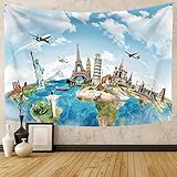 Boho Wandteppich für Schlafzimmer Weltkarte Stadt Wandteppich Karte Stoff Wandbehang Dekor Aquarellkarte Polyester Tischdecke Yoga Strandtuch 200*150cm