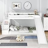 ZYLOYAL10 Etagenbett mit Treppe und Rutsche, Rahmen aus massivem Kiefernholz, Kinderbett mit 2 Schubladen in der Treppe, 90x200cm, Weiß (Weiß)