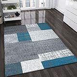 VIMODA Designer Moderner WohnzimmerTeppich in Türkis, Grau und Weiß mit Kachel Optik Kurzflor, Maße:120x170 cm