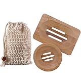 Zhongtou 2 Stück Seifenschale Holz mit Sisal Seifensäckchen Natur Seifenablage Bambus mit Ablauf Seifenhalter Rund und Quadratisch für Dusche Bad