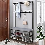 Qcesorib Garderobe mit Sitzbank Garderobenständer, Kleiderständer mit 10 Kleiderhaken S-Haken Metall Schuhregal mit Sitzfläche, Flurregal - 80/ 100CM