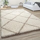 Paco Home Hochflor Teppich Wohnzimmer Schlafzimmer Shaggy Skandinavisch Rautenmuster, Grösse:300x400 cm, Farbe:Beige-Creme