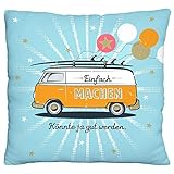 Die Geschenkewelt 46426 Kleines Plüschkissen Bus, Einfach machen, 25 cm x 25 cm, Zierkissen