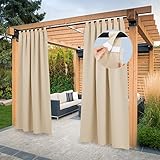 PONY DANCE Outdoor Vorhang Sonnenschutz 2er Set H 243 x B 132 cm Outdoorvorhänge Sichtschutz Balkon Vorhang mit Abnehmbaren Schlaufen Outdoor Gardinen Wasserdicht, Biscotti Beige