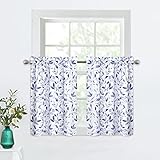 LuxFocus Scheibengardinen 2 Stück Kurzstores Halbtransparent Landhausstil Küchengardinen Bunter Blattdruck für Wohnzimmer Schlafzimmer Bistrogardinen 2er Set Blau B 66 cm x H 61 cm