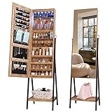 LVSOMT Schmuckschrank, Ganzkörperspiegel, Spiegelschrank, Standspiegel, zahlreichen Fächern und zwei Schublade, abschließbarer Schmuckorganizer, Braun