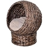 PawHut Rattan Katzenkorb Katzenhütte Katzenhöhle Katzenbett mit Kissen Haustierbett aus Wasserhyazinthe für Wohnzimmer Dunkelbraun 50 x 42 x 60 cm
