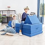 KIDOO® Praktisches 4-in-1-Kinderspielset Blau | Kletter- und Krabbel-Set | Aktivitätsspielblöcke für Sofa, Matratze | Ausklappbare Liege |4-teiliges leichtes buntes interaktives Baby Spiel Set