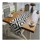 KnBoB Baumwolle Leinen Schwarz Weiß Geometrisches Puzzle Muster mit Quasten Tischläufer für Esszimmer Party Urlaub Dekoration Größe 32x160CM