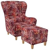 Supellex Ohrensessel »Sofia«, Design Samt-Velours Patchwork Orient Rot (Design-Nr.: 5194), wahlweise mit Hocker (inkl. Hocker)