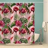 MOXINO Flamingo Duschvorhang Anti-Schimmel 120x180 cm Polyester Stoff Textil Waschbar Badvorhang 3D Blumen Palmblätter Motiv Design Duschvorhänge Wasserdicht Badezimmer Vorhänge mit 12 Haken