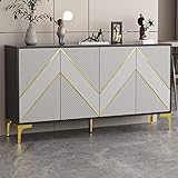 Caldion Sideboard Wohnzimmer Holz Kommode mit Regalen und 2 Pop-up-Türen Kleines Küchenshcrank mit Stauraum Gold Metall Beine für die Küche Schlafzimmer Esszimmer Entry Schwarz und Grau