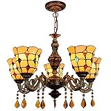 PAZWAHF Bunte Perlen 5-Licht-Kronleuchter, verstellbare Pendelleuchten, Tiffany-Stil-Buntglas-Hängeleuchte, breit, 24 Zoll, mit Kristallanhänger