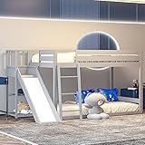 GBHJJ Kinderbett 90 * 200 mit Lattenrost, Rutsche und Regal, Etagenbett aus Kiefernholz mit Leiter und Rausfallschutz Bettgestell, weiß,Grey