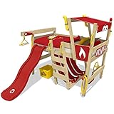 Wickey Hochbett mit Rutsche Crazy Smoky Kinderbett 90 x 200 Spielbett Kinder mit Lattenboden und viel Zubehör, Feuerwehrbett, rote Plane + rote Rutsche