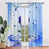 Hiseng Schiebegardinen Voile Vorhang Gardinen 2er Set, Rose Blume Druck Sheer Schiebevorhänge Lichtdurchlässig Flächenvorhänge für Wohnzimmer Schlafzimmer Fensterschal (55x95cm,Blauer Wasser)