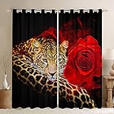 Loussiesd Leopard Fenstervorhänge für Mädchen, Jungen Kinder rote Rose Vorhänge 137x117cm dekorative Safari, Geparden-Druck Gardinenschals Wildtier-Thema, Luxus Schiebevorhänge 2-teilig