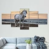 GiZmac Wandbilder Set Deko Bilder 5 Stück Wandposter Camargue Pferd am Strand Painting Bilder Wanddekoration Leinwandbilder Dekoartikel 200X100(Kein Rahmen)