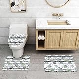 Badmatten-Set 3-Teilig Atmungsaktiv rutschfest, Sukkulentes natürliches Kaktus-Muster im modernen funky Stil gestreiften Hintergrund.Grün,Badematte + Sockelmatte + Toilettensitzbezug Matte Dreiteilige