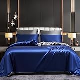 Luofanfei Satin Bettwäsche Set 200x220 Blau Dunkelblau Grau Glänzend Seiden Wende Bettwäsche Doppelbett Set Uni Glanzsatin Glatt Luxus Kühlende Bettbezug mit Reissverschluss und Kissenbezüge 80x80 cm