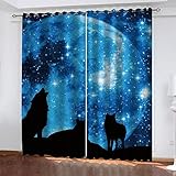 Hundnsney Gardinen Blickdicht Ösen Kinder 3D Blauer Sternenwolf Muster Isolierung Schattierung Kinder Schlafzimmer Gardine Wärmeisolierender Ösens Vorhang Fenster Dekoration 2Er Set 160X150cm(HxB)