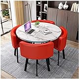 FAJOS Esstisch-Set für Zuhause oder Geschäft Empfang Büro Empfang Freizeit Tisch Einfacher runder Holztisch Metallbeine 4 Lederstühle (Farbe: Rot, Größe: 90 cm)
