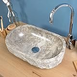 wohnfreuden Marmor Waschbecken grau oval 50 cm - Unikat Stein Aufsatzwaschbecken innen poliert außen gehämmert für das Badezimmer - Naturstein Waschschale für Gäste-WC