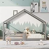 KecDuey Kinderbett Hausbett mit Schornstein |Rausfallschutz Robuste Lattenroste,Kiefernholz Haus Bett for Kids, 90 x 200 cm ohne Matratze (Grau)