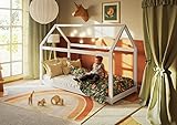 Alcube® Hausbett 160x80 im Montessori Stil für Kleinkinder mit Lattenrost und Dach für Mädchen und Jungen - Kinderbett 80x160 Bodentief aus massivem Kiefernholz - Bett in Weiß