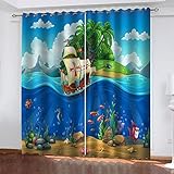 GSKOQD Vorhang Blickdicht Verdunkelungs Vorhänge Gardinen Wohnzimmer Schlafzimmer Kinderzimmer Mädchen Junge Thermovorhang Ösenvorhang 2Er Set 3D Druck Cartoon-Piratenschiff Dekoschals 200X200Cm (B