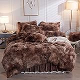 Nyescasa Winter Plüsch Bettwäsche 135x200 cm Braun Beige Warme Flauschig Langhaar Flausch Biber Wendebettwäsche Set Microfaser Einzelbett Bettbezug mit Reißverschluss und Kissenbezug 80x80cm