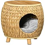 Pawhut Katzenhöhle aus Rattan 2-in-1 Design Katzenkorb mit Kissen Katzenbett Katzenhütte Haustierbett Wasserhyazinthengras Paulownia Holz Hellbraun+Grau 44 x 43 x 42 cm