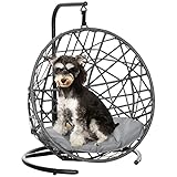 PawHut Rattan Hundehütte mit Kissen Hundehaus Haustierbett Katzenhaus Katzenkorb Katzenhöhle Hängesessel Hängematte für Hunde Katzen Outdoor Grau+Schwarz 60 x 53 x 76 cm