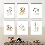 Kinderzimmer-Druck Löwe Zebra Giraffe Fuchs Stern Cartoon-Tierbabys Kunst Leinwand Malerei Papier Nordische Poster Drucke Wandbilder Kinderzimmer Raum Dekoration-A4-6 Stück (Ungerahmt)