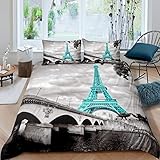 Eiffelturm Bettwäsche Set 135x200cm Mädchen Chic Teal Paris Thema Bettbezug Set Für Kinder Teenager Frauen Dekor Paris Stadtbild Bedruckte Betten Set Mikrofaser Moderner französischer Stil