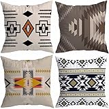 Kissenbezug 65x65cm 4er Set Geometrisches ethnisches Sofakissen Leinen Kissenbezüge QuadratKissenhülle Dekokissen mit Verstecktem Reißverschluss kopfkissenbezug für Schlafzimmer Wohnzimmer Garten Y257