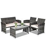 KOMFOTTEU 4-teiliges Rattan-Möbel-Set für den Garten, Rattan-Terrassen-Set mit Glastisch und Kissen, Gesprächs-Set für Terrasse, Balkon, Pool