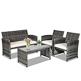 KOMFOTTEU 4-teiliges Rattan-Möbel-Set für den Garten, Rattan-Terrassen-Set mit Glastisch und Kissen, Gesprächs-Set für Terrasse, Balkon, Pool