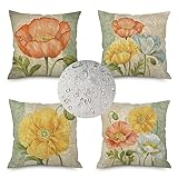 Fheeao Outdoor Wasserdicht Kissenbezug 40x40cm 4er Set Sofakissen Farbe Dekokissen Platz Blume Kissenbezüge Sofa Dekorativ Kissen Leinen Kissenhülle für Garten Auto Wohnzimmer Bett Deko Kissen Z-7382