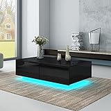Senvoziii LED Couchtisch für Wohnzimmer, Moderner Beistelltisch aus Holz, Schwarzer Hochglanz Kaffee Tee Tisch mit 4 Schubladen zur Aufbewahrung für Home Office Möbel