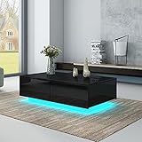 Senvoziii LED Couchtisch für Wohnzimmer, Moderner Beistelltisch aus Holz, Schwarzer Hochglanz Kaffee Tee Tisch mit 4 Schubladen zur Aufbewahrung für Home Office Möbel