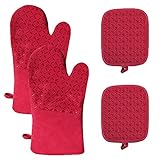 FDDE 2 Stücke Ofenhandschuhe Topflappen Set, Hitzebeständig Topflappen Handschuh Set, rutschfeste Topfhandschuhe Baumwolle, rutschfeste Topfhandschuhe, für Grill, Backofen, Kochen (Rot)