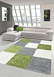 Shaggy Teppich Hochflor Langflor Teppich Wohnzimmer Teppich Gemustert in Karo Design Grün Grau Creme Größe 80x150 cm
