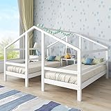 Tyware Kinderhausbett für 2 Personen - Doppelbett im Hausdesign, inklusive Nachttisch und Lattenrost, 90x200 Jugendbett mit Rausfallschutz, aus massivem Kiefernholz, Weiß